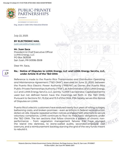 Carta de la Autoridad de las APP a LUMA Energy