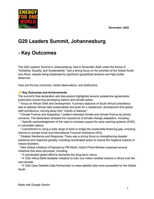 EFOW Briefing: G20 Leaders Summit- Key Outcomes 2025