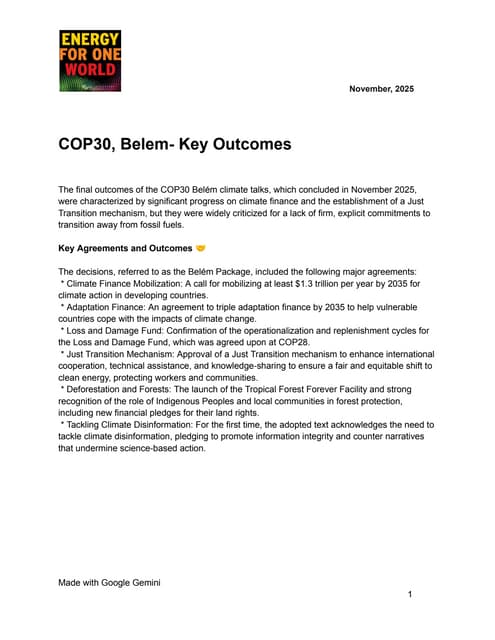 EFOW Briefing : Key Outcomes COP30 Belem