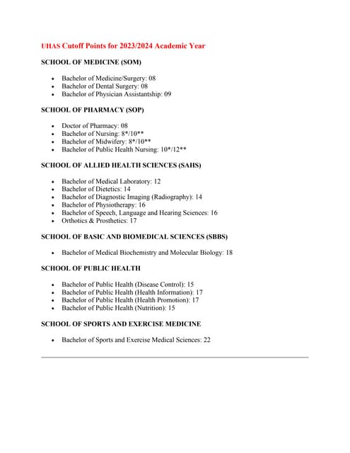 See the cut-off grades for the UHAS 2024/2025 undergraduate admissions