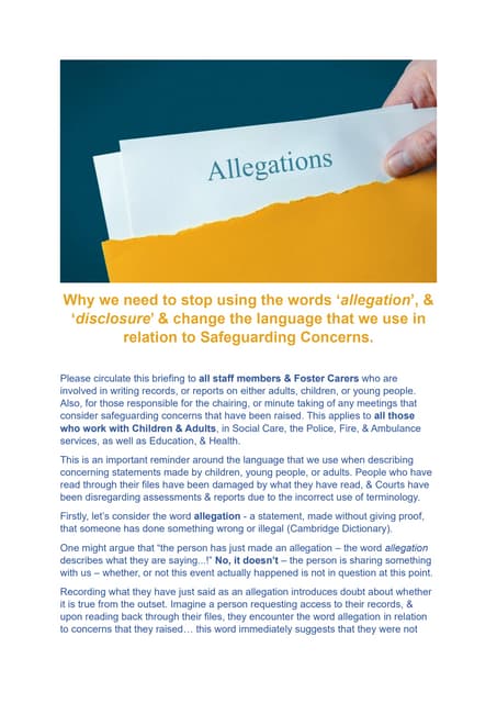 Why we need to stop using the words allegation & disclosure & change the language that we use in relation to Safeguarding Concerns.